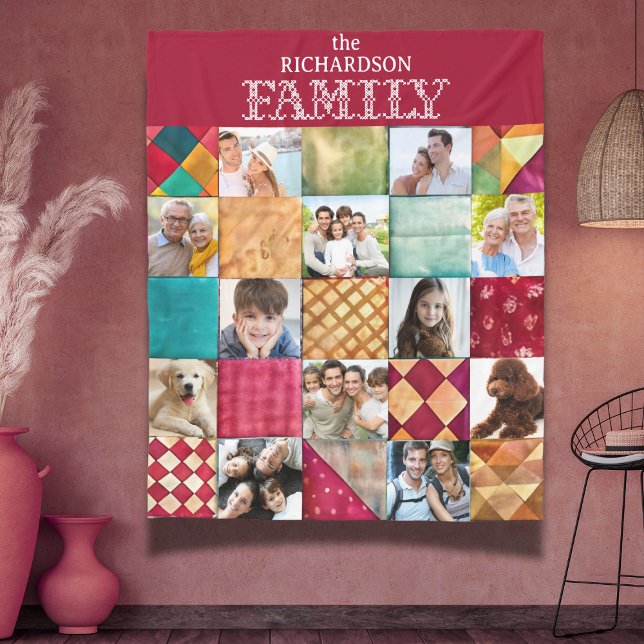 Patchwork-Quiltmuster 12 Foto Fleecedecke (cute cozy quilt-style family photo blanket keepsake, great for home decor and gift for family)