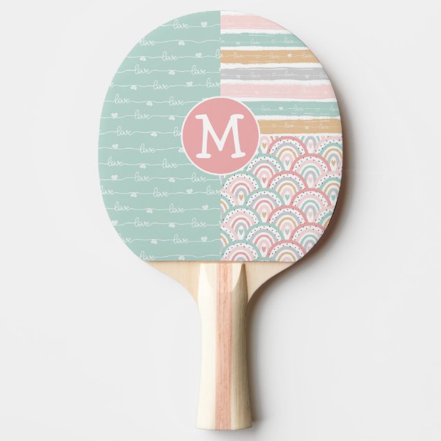 Patchwork Rainbow Hearts Monogram Ping Pong Paddle Tischtennis Schläger (Vorderseite)