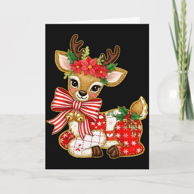 Patchwork Reindeer Preppy Girly Christmas Xmas Hol Karte (Vorderseite)