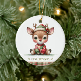 Patchwork-Rentier-Erste-Weihnachten-Andenken-Foto Keramik Ornament