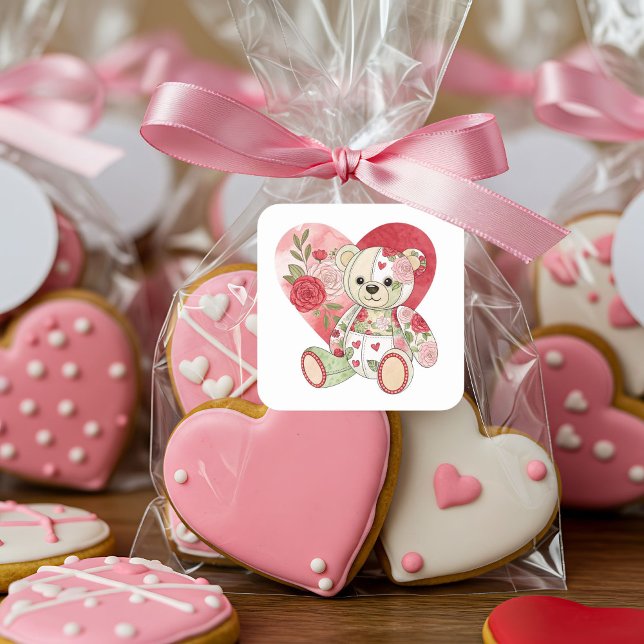 Patchwork Rose Bär mit Herz Quadratischer Aufkleber (Von Creator hochgeladen)