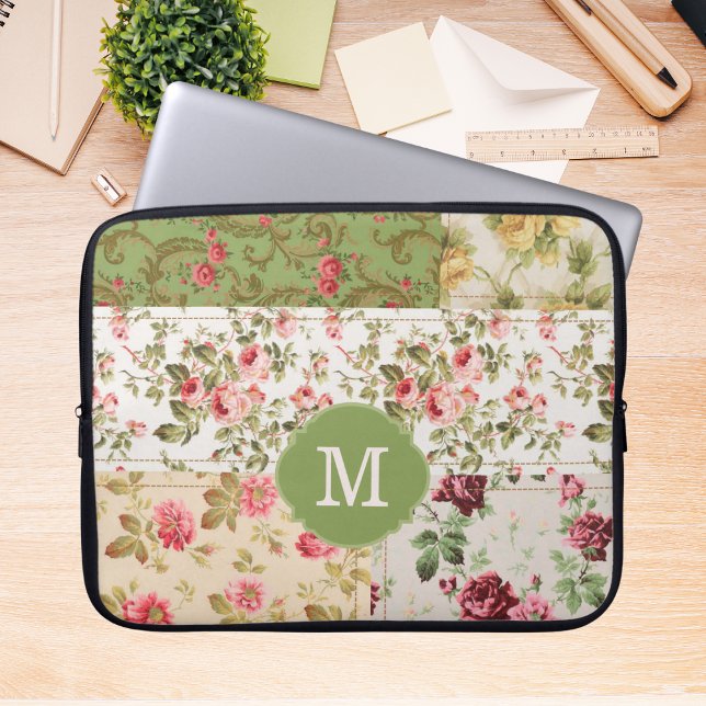Patchwork-Rose benutzerdefiniertes Monogramm Laptopschutzhülle (Von Creator hochgeladen)