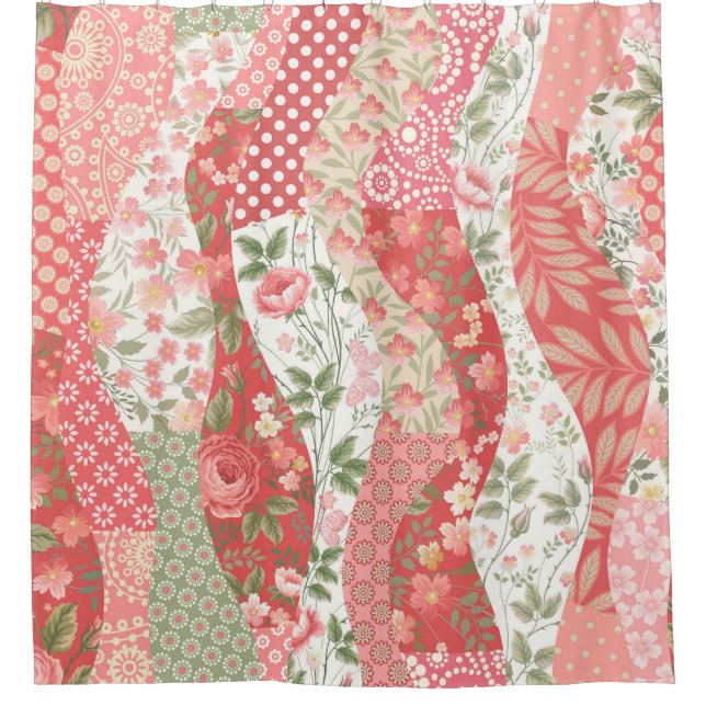 Patchwork-Rose: nahtloses Musterdesign. Duschvorhang (Vorderseite)