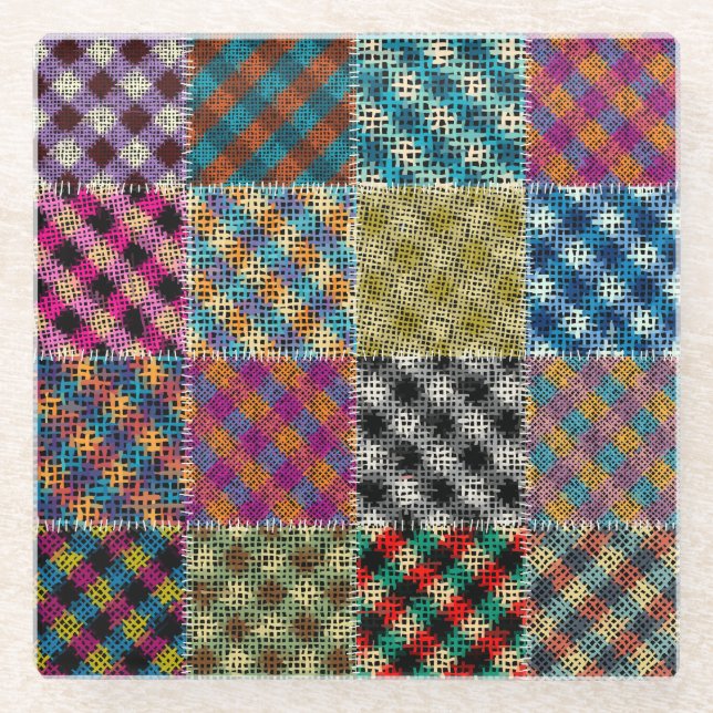 Patchwork Rough Leinwand Squares Vintag Glasuntersetzer (Vorderseite)