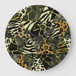 Patchwork Safari: Aquarell Animal Print. Große Wanduhr