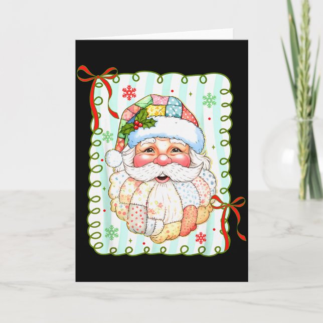 Patchwork Santa Claus Face Coquette Merry Christma Karte (Vorderseite)