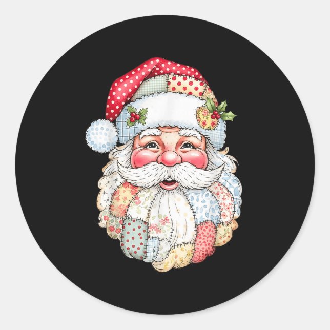 Patchwork Santa Claus Face Preppy Girly Christmas  Runder Aufkleber (Vorderseite)