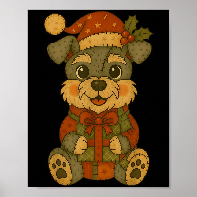 Patchwork Schnauzer Dog mit Weihnachtsmannmütze fü Poster (Vorne)