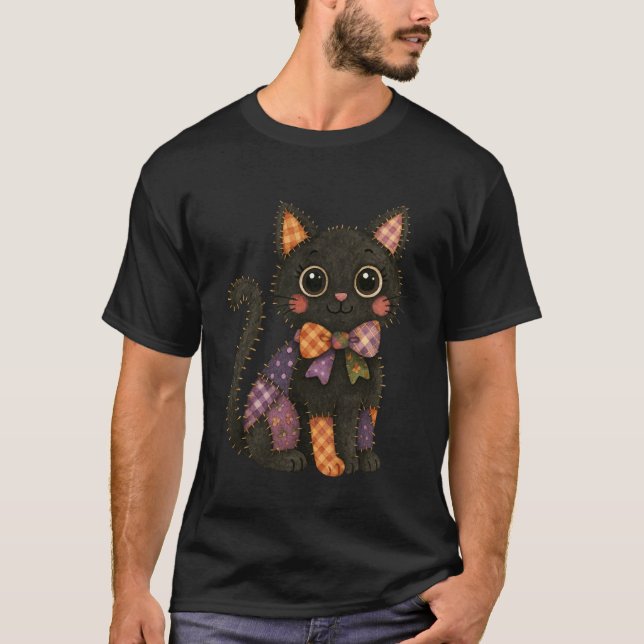 Patchwork-Schwarze-Katze-Herbst-gemütliche-Jahresz T-Shirt (Vorderseite)