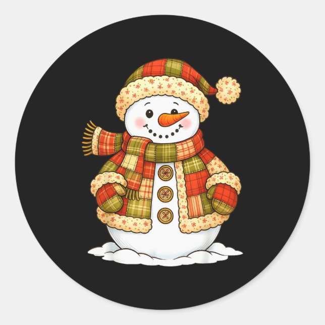 Patchwork Snowman Retro Funny Snowman Holiday Chri Runder Aufkleber (Vorderseite)