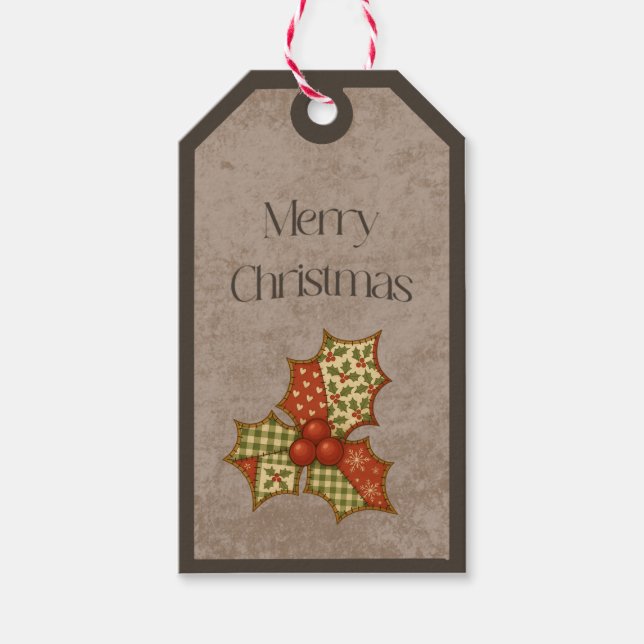 Patchwork-Stechpalme in Weihnachtsfarben Geschenka Geschenkanhänger (Vorderseite)