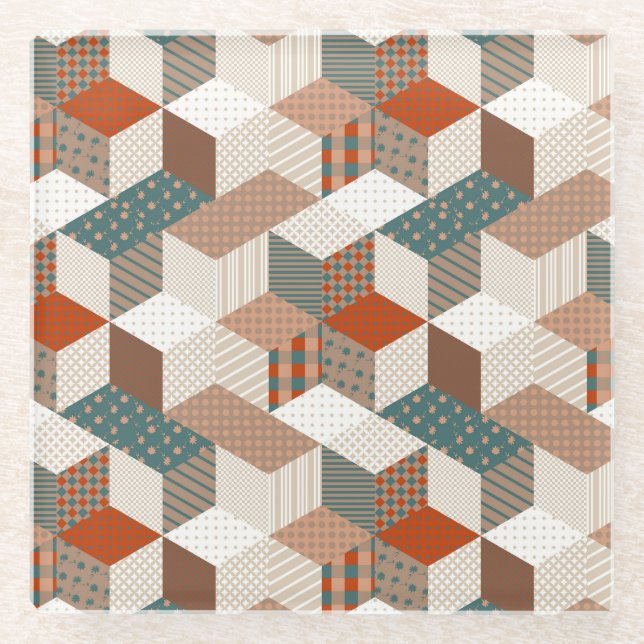 Patchwork-Sterne Vintage Braun Grün Glasuntersetzer (Vorderseite)