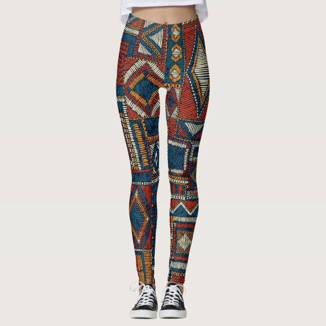 Patchwork-Stil Stickerei Vintage-Druck Leggings (Vorderseite)