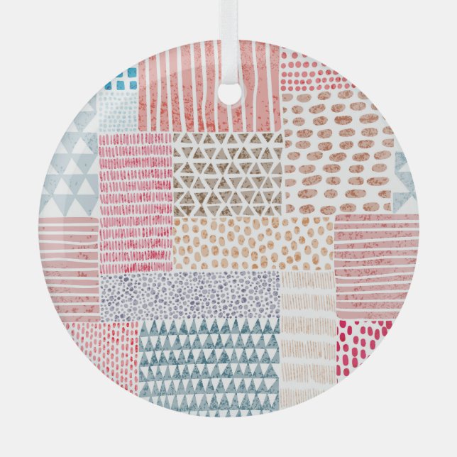Patchwork-Stil Süßes Doodle-Muster Ornament Aus Glas (Vorderseite)
