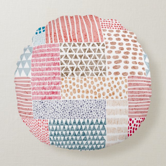 Patchwork-Stil Süßes Doodle-Muster Rundes Kissen (Vorderseite)