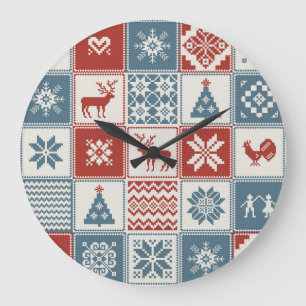 Patchwork-Stil: Weihnachtliches Ornamentmuster Große Wanduhr