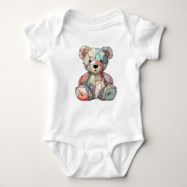 Patchwork Style Baby Bear & Heart Motif Baby Strampler (Vorderseite)
