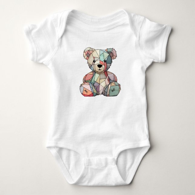 Patchwork Style Baby Bear & Heart Motif Strampler (Vorderseite)