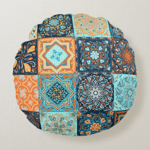 Patchwork Style: Dekorative Quadrat-Ornamente Rundes Kissen