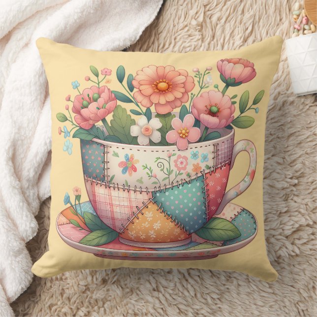 Patchwork-Teacup mit Whimsical-Blume Kissen (Decke)