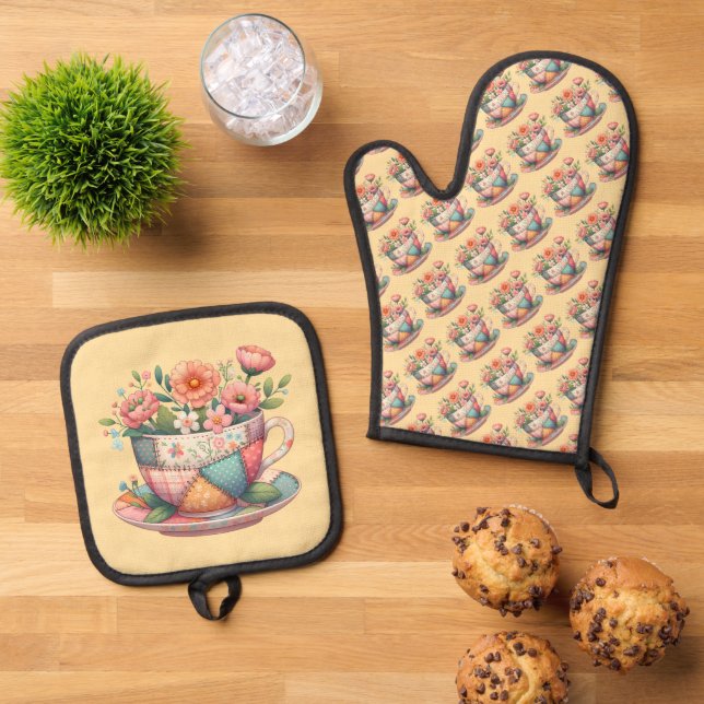 Patchwork-Teacup mit Whimsical-Blume Ofenhandschuh & Topflappen-Set (Oben Unten)