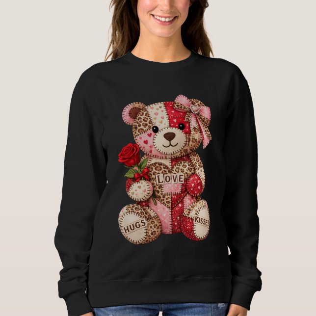 Patchwork-Teddybär-Valentinstag — Gewürfelter Leop Sweatshirt (Vorderseite)