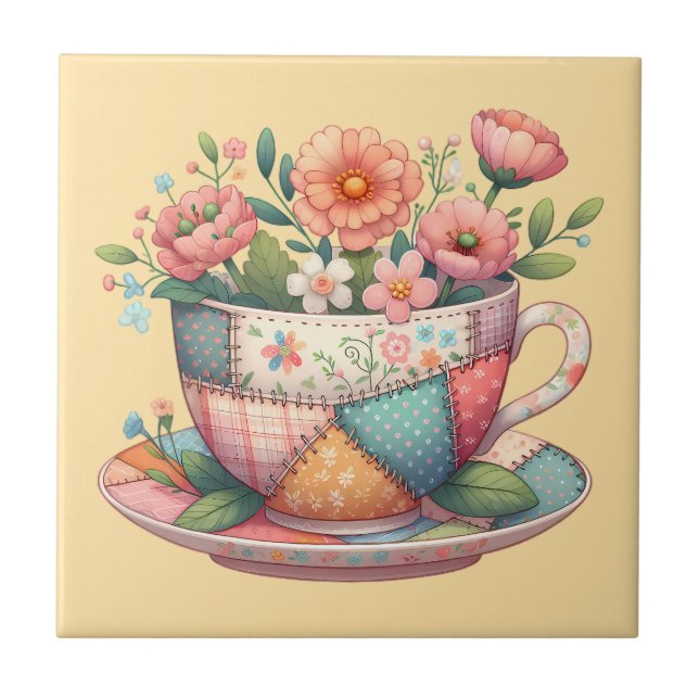 Patchwork-Teetasse mit fantastischen Blumen Fliese (Vorderseite)