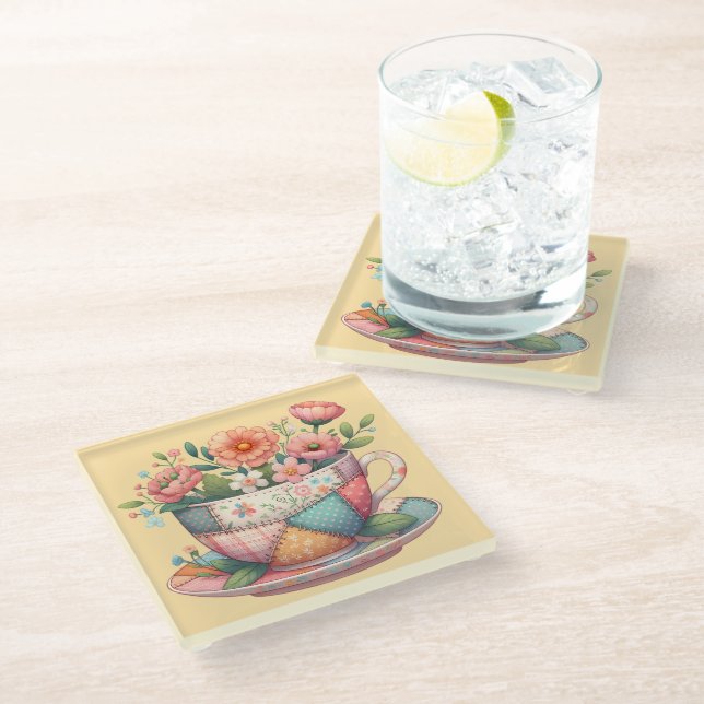 Patchwork-Teetasse mit fantastischen Blumen Glasuntersetzer (Schrägansicht)