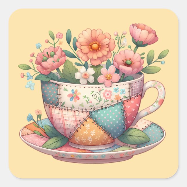 Patchwork-Teetasse mit fantastischen Blumen Quadratischer Aufkleber (Vorderseite)