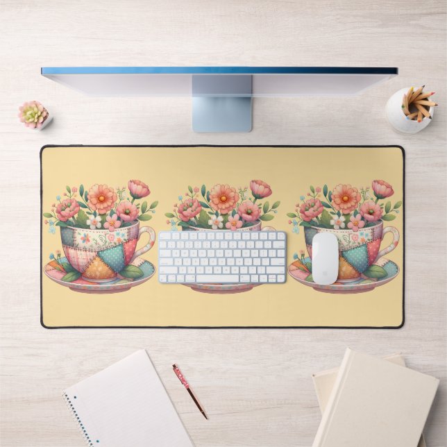 Patchwork-Teetasse mit fantastischen Blumen Schreibtischunterlage (Büro 1)