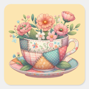 Patchwork-Teetasse mit wunderlichen Blumen Quadratischer Aufkleber