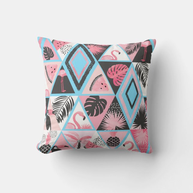 Patchwork-Tropenflamingo, Palmwedelmuster. Kissen (Vorderseite)