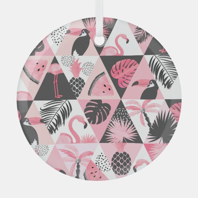 Patchwork Tropical: Flamingo Watermelon Nahtlos. Ornament Aus Glas (Vorderseite)