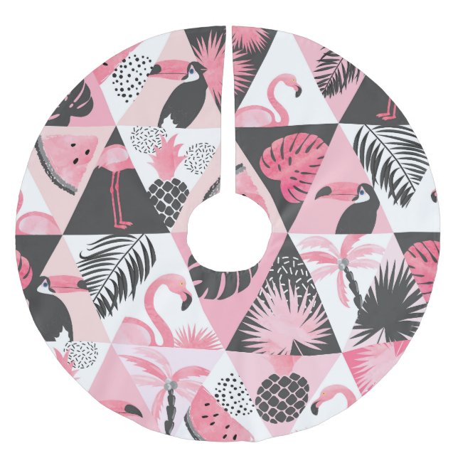 Patchwork Tropical: Flamingo Watermelon Nahtlos. Polyester Weihnachtsbaumdecke (Vorderseite)