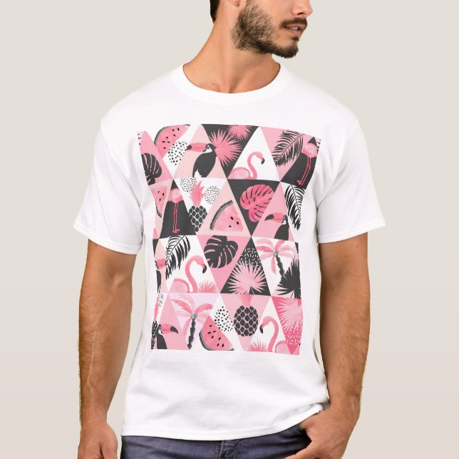 Patchwork Tropical: Flamingo Watermelon Nahtlos. T-Shirt (Vorderseite)