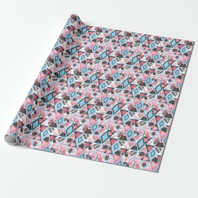 Patchwork tropischen Flamingo, Palmmuster. Geschenkpapier (Ungerollt)