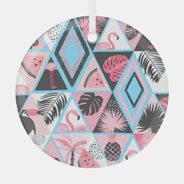 Patchwork tropischen Flamingo, Palmmuster. Ornament Aus Glas (Vorderseite)