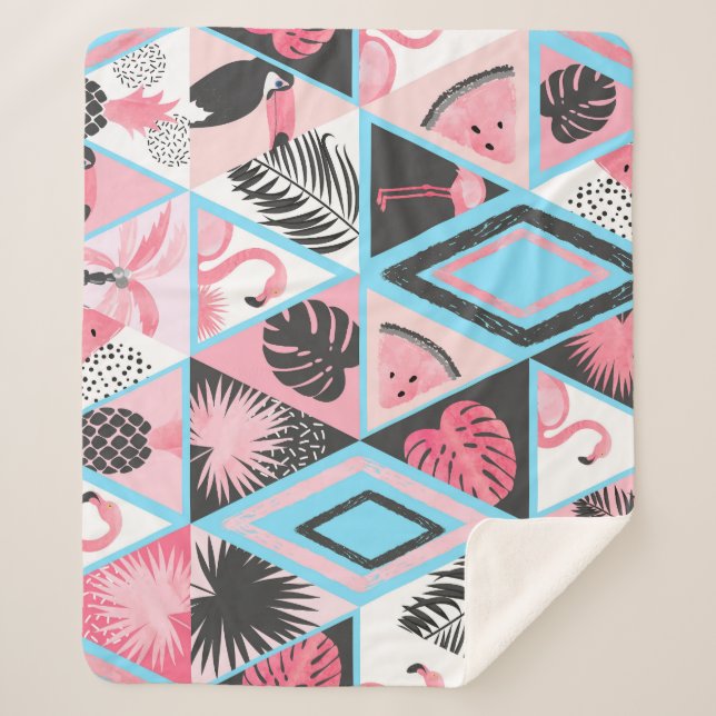 Patchwork tropischen Flamingo, Palmmuster. Sherpadecke (Vorderseite)