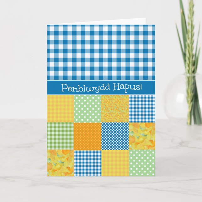Patchwork und Gingham Birthday Card Welsh Greeting Karte (Vorderseite)