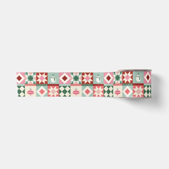 Patchwork-Weihnachten Rot, Pink, Grün Satinband (Vorderseite)