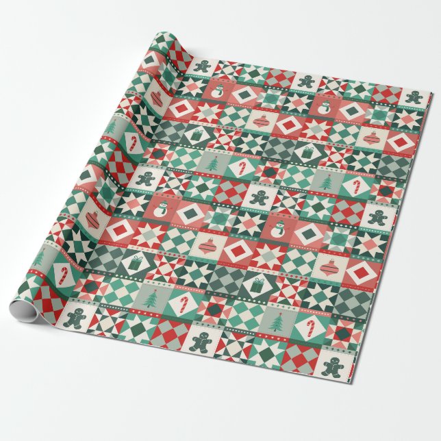 Patchwork Weihnachten Rot und Grün Geschenkpapier (Ungerollt)