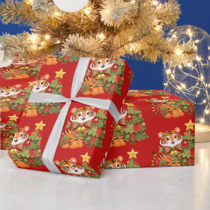 Patchwork Weihnachts Tiger mit Weihnachtsbaum Geschenkpapier
