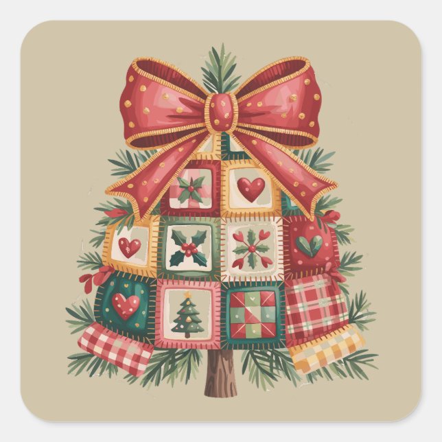 Patchwork Weihnachtsbaum Coquette Xmas Urlaub Quadratischer Aufkleber (Vorderseite)
