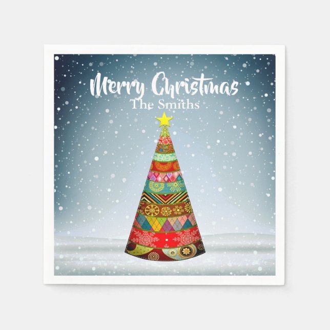 Patchwork Weihnachtsbaum unter einem Schneefall Serviette (Vorderseite)