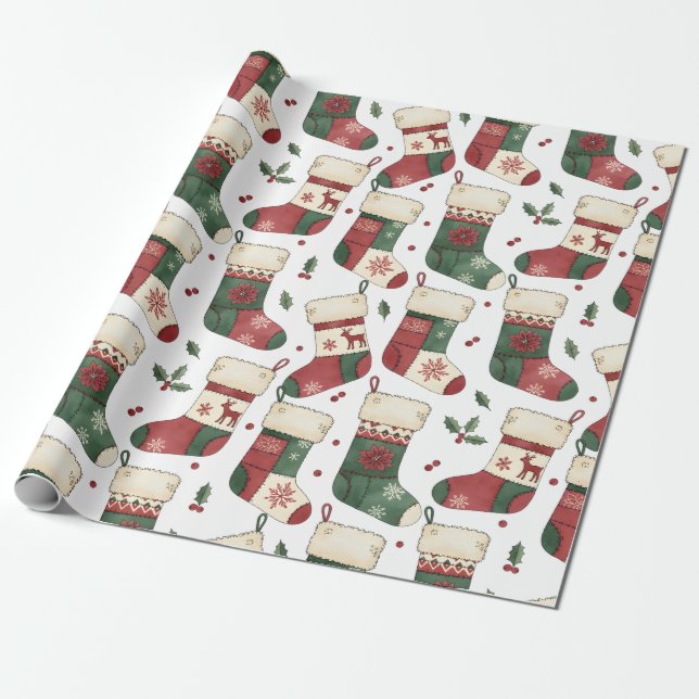 Patchwork-Weihnachtsstrümpfe Rot Grün Weiß Geschenkpapier (Ungerollt)
