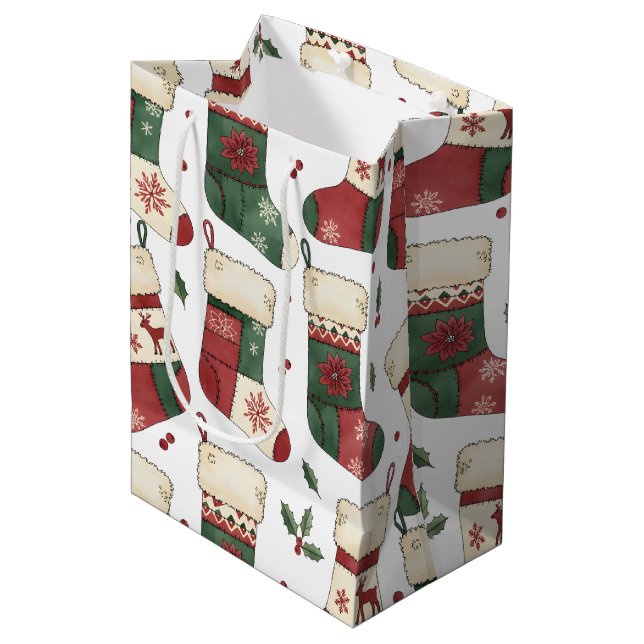 Patchwork-Weihnachtsstrümpfe Rot Grün Weiß Mittlere Geschenktüte (Vorderseite Schrägansicht)