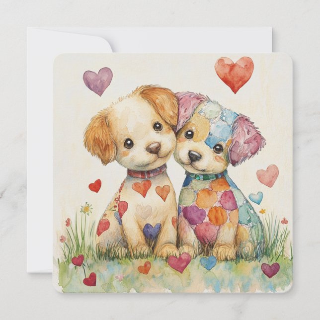Patchwork-Welpen Valentinstag Feiertagskarte (Vorderseite)