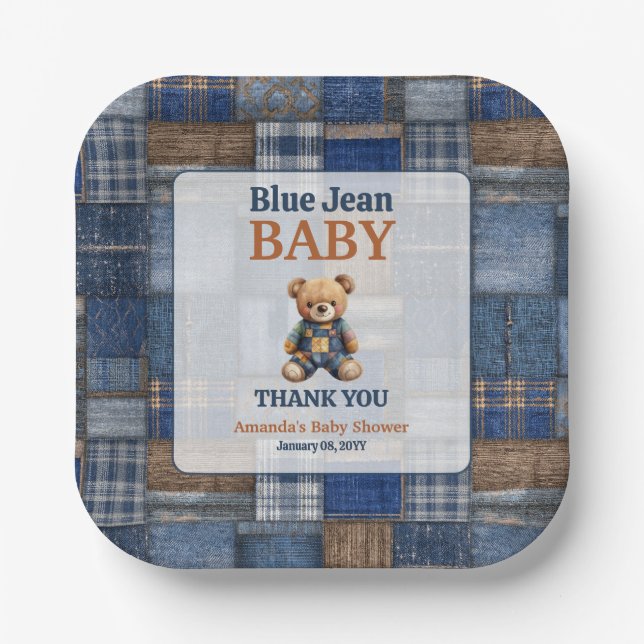 Patchwork Western-Denim-Bär Blaues Jeans-Baby-Part Pappteller (Vorderseite)