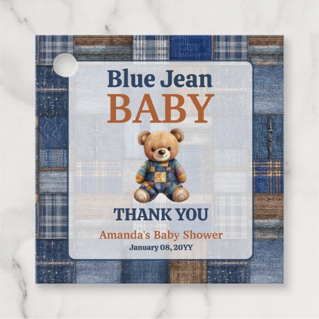 Patchwork Western Denim Bear Blue Jean Baby Shower Geschenkanhänger (Vorderseite)