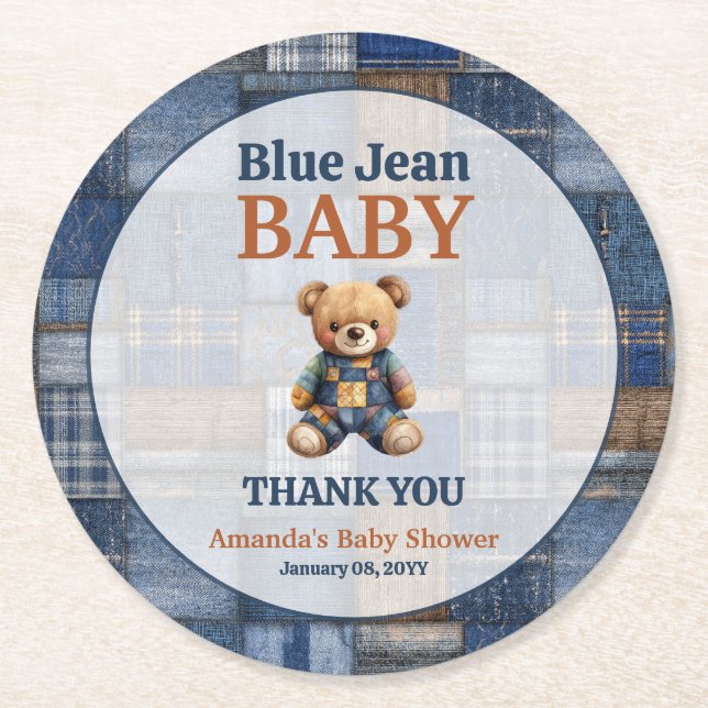 Patchwork Western Denim Bear Blue Jean Baby Shower Runder Pappuntersetzer (Vorderseite)